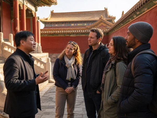 Small international group listening to a local guide in a Beijing courtyard Small international group listening to a local guide in a Beijing courtyard