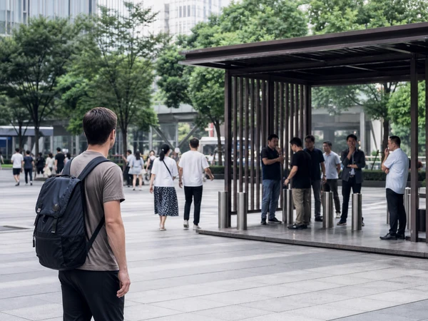 Traveler keeping distance from a designated outdoor smoking area in a Chinese business district