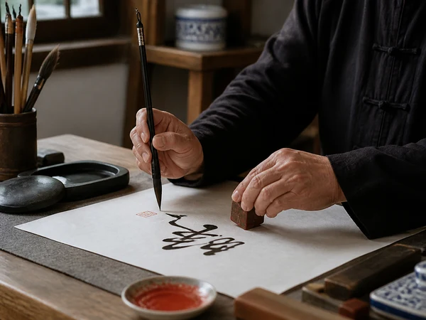 Chinese calligraphy artisan using a brush and seal in a craft studio