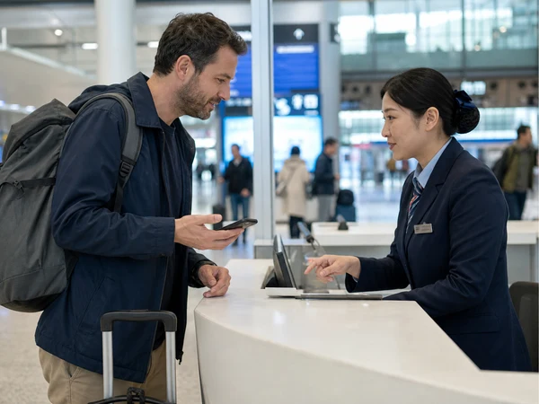 Traveler using a phone translation at a Chinese railway station information desk