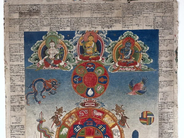 Traditional Tibetan medical chart with script and painted figures