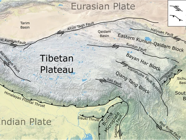 Tectonic map of the Tibetan Plateau and surrounding mountain systems