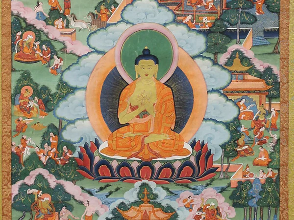 Nineteenth-century Tibetan thangka with Buddha, painted in distemper on cloth