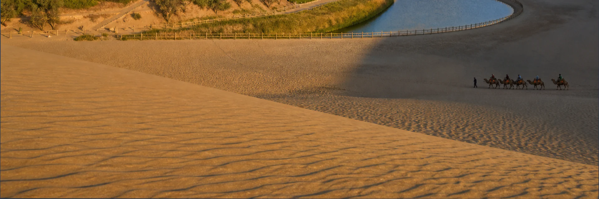 Camel caravan crossing the desert on China's Silk Road