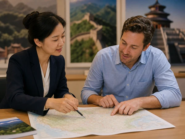 Traveler and local advisor discussing a tailor-made China itinerary Traveler and local advisor discussing a tailor-made China itinerary
