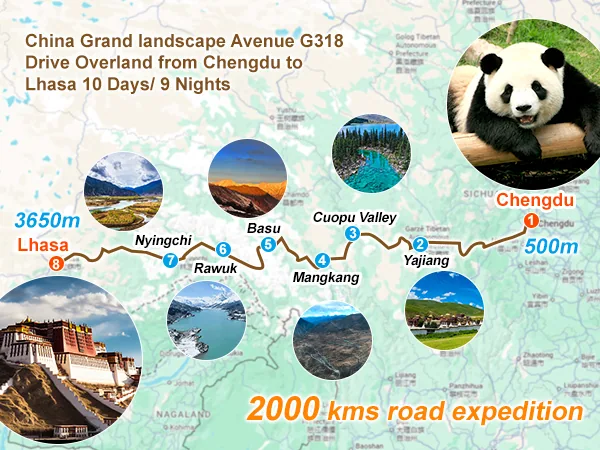 Amazing G318: 10 Days Sichuan Tibet Epic Overland Tour in Small Group tour map