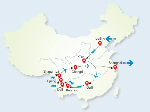 21 Days Experience the Southwest Paradise of China tour map