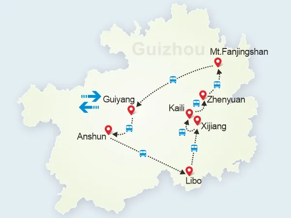 7 Days Guizhou Natural Wonders & Minority Villages Tour tour map