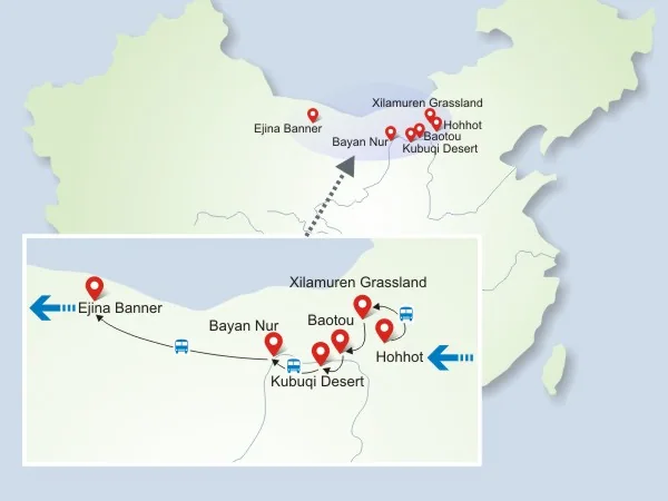 9 Days Inner Mongolia Tour from Grassland to Desert tour map
