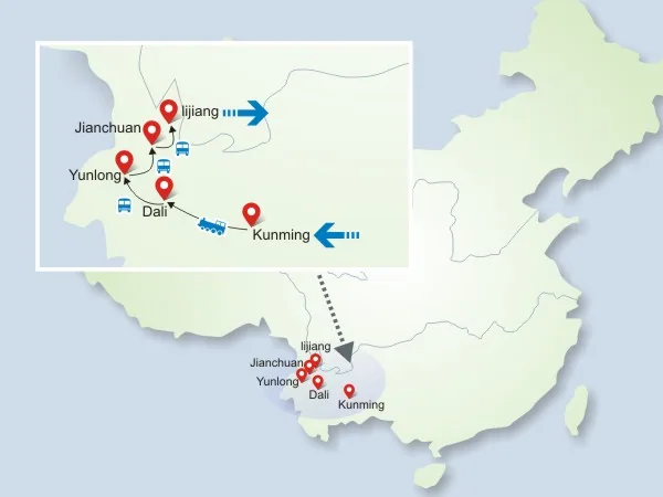 9 Days Yunnan Ancient Town Tour tour map