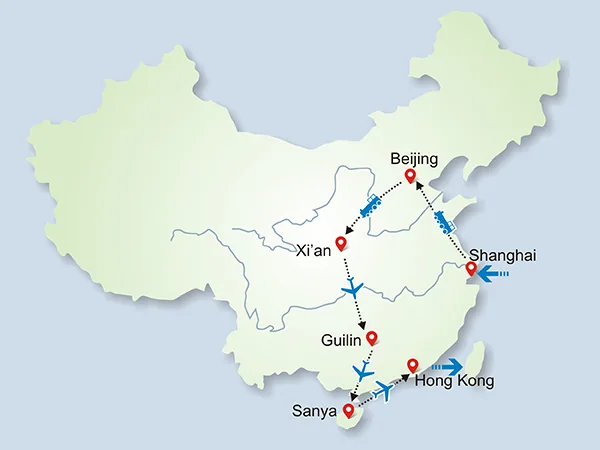 18 Days China Honeymoon Tour to Sanya tour map