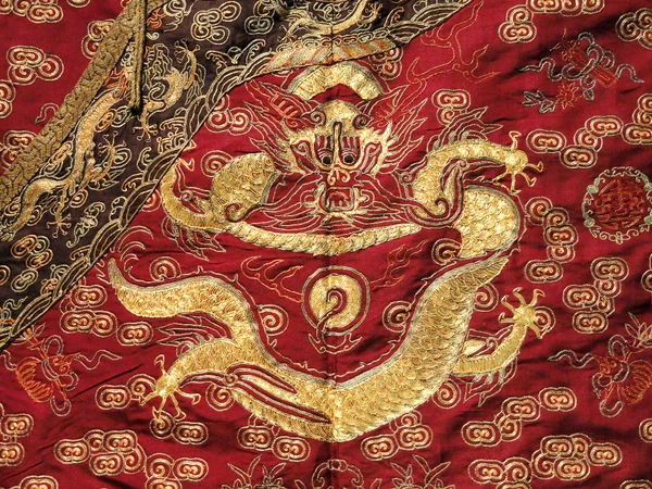 Imperial Chinese robe with ranked dragon motifs in a museum display Imperial Chinese robe with ranked dragon motifs in a museum display
