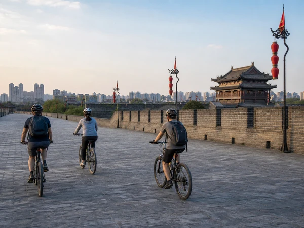 Helmeted travelers cycling on the broad top of Xian City Wall Helmeted travelers cycling on the broad top of Xian City Wall