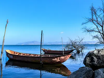 Traditional fishing boats on Erhai Lake in Dali, Yunnan