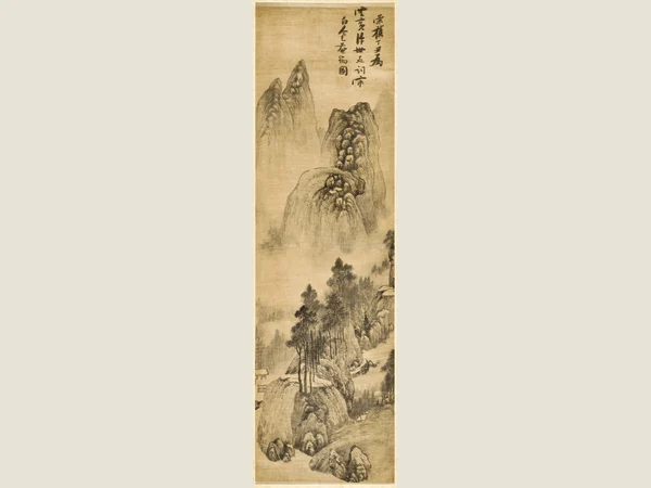 Chinese ink landscape painting with mountains, trees and a waterside pavilion