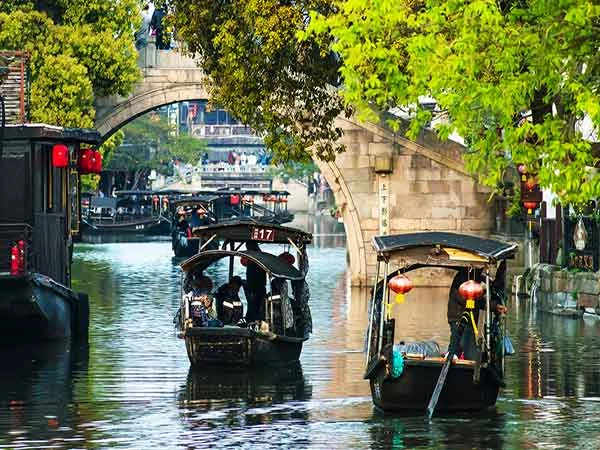 Traditional canal and boats in a Chinese water town