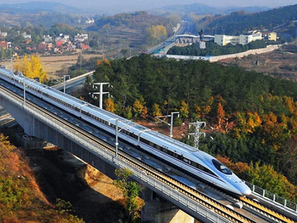 China high-speed train traveling through the countryside