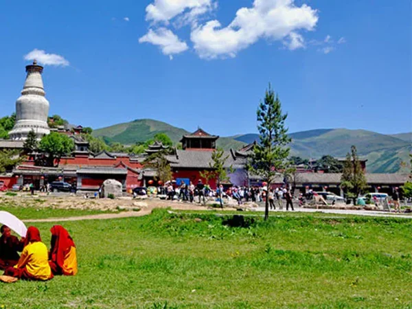 Monks outside a temple on Mount Wutai