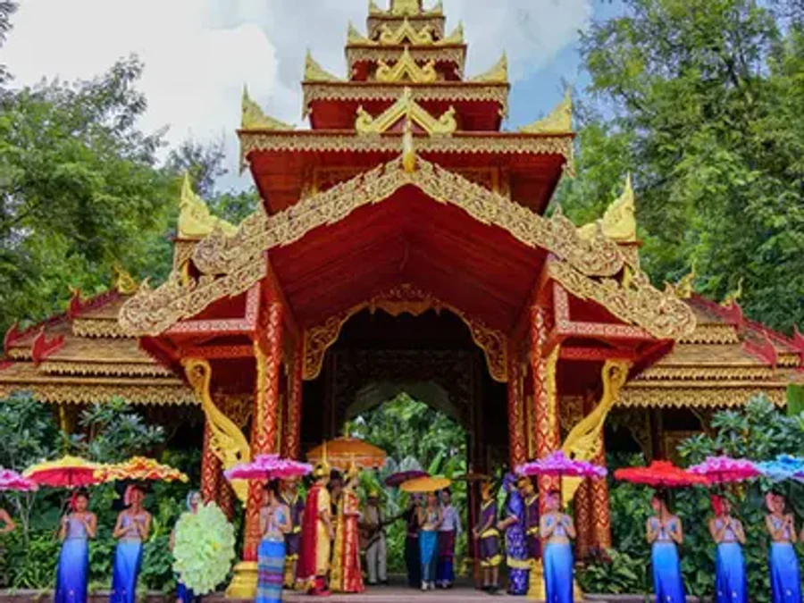 Dai temple surrounded by tropical plants in Xishuangbanna