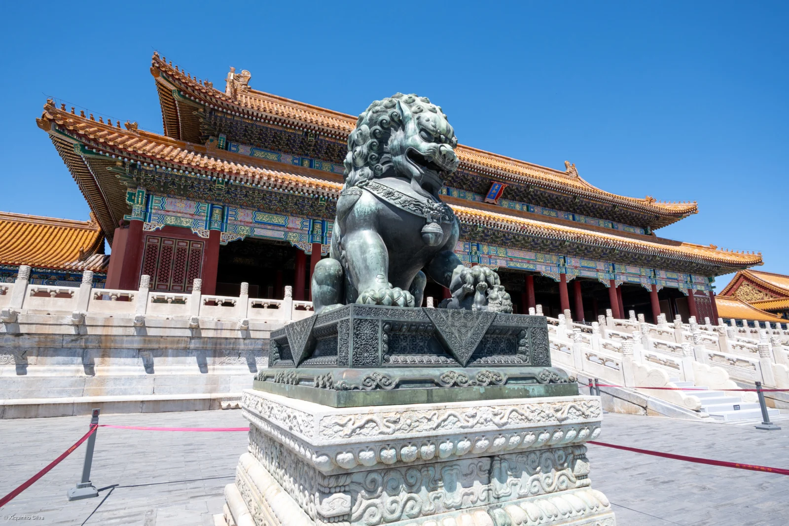 Gate of Supreme Harmony and bronze guardian lion in the Forbidden City, Beijing
