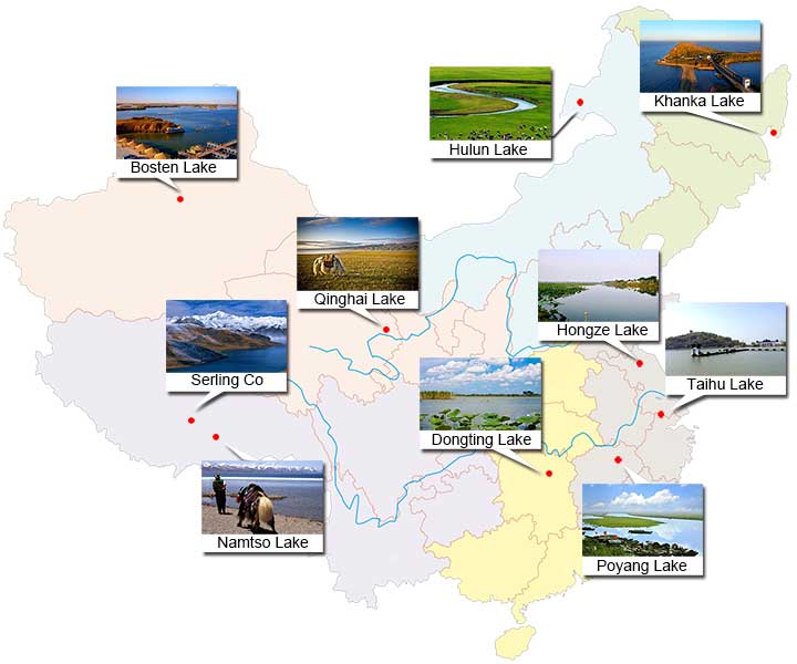 Map comparing ten large lakes in China