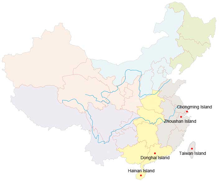 Map comparing the locations of five large islands associated with China