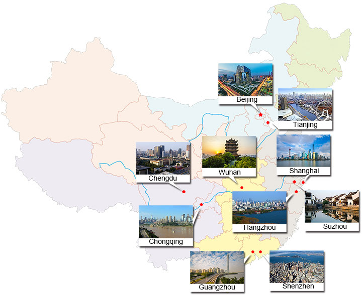 Orientation map of ten major business cities in China, not an economic ranking Orientation map of ten major business cities in China, not an economic ranking