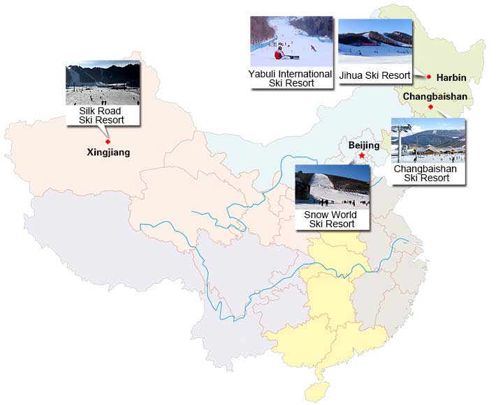 Regional orientation graphic for selected ski resorts in China, not a current piste map Regional orientation graphic for selected ski resorts in China, not a current piste map