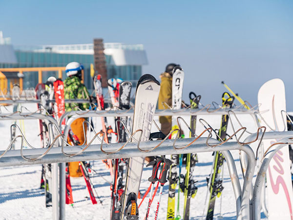 Ski and snowboard equipment at Wanlong Ski Resort in Chongli Ski and snowboard equipment at Wanlong Ski Resort in Chongli