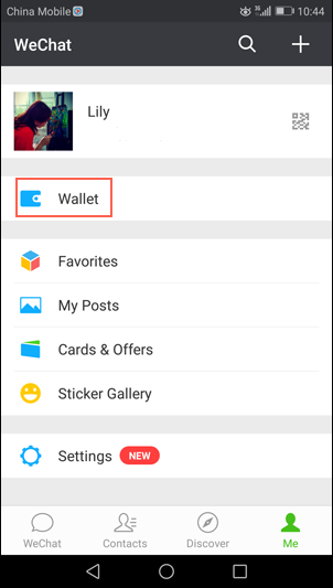 Legacy WeChat profile screen showing the former Wallet entry