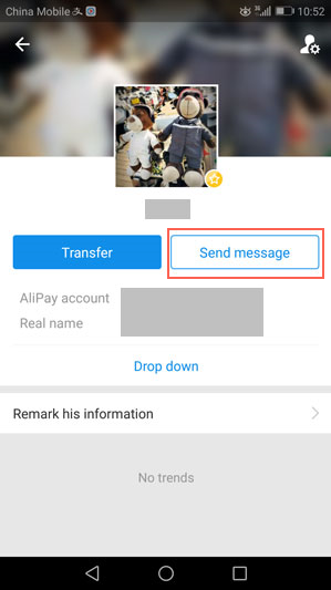 Legacy Alipay conversation screen with Send Message