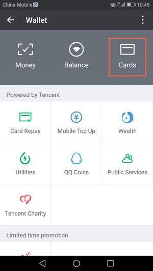 Legacy WeChat Wallet screen with the Cards menu highlighted