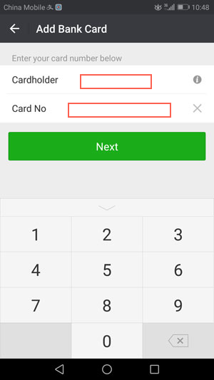 Legacy WeChat form for entering bank-card details