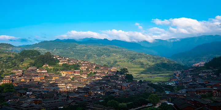 Village, mountain and sky layers in Xijiang Village, mountain and sky layers in Xijiang