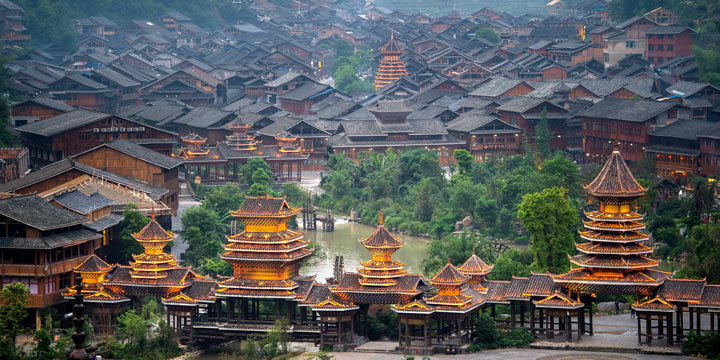Zhaoxing drum towers and timber village landscape Zhaoxing drum towers and timber village landscape