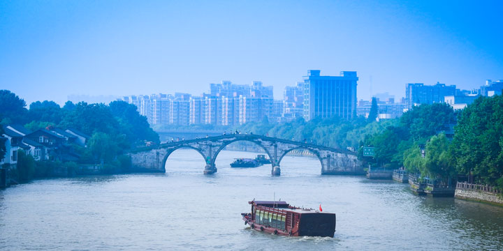 Historic Grand Canal waterway and waterfront buildings in Hangzhou