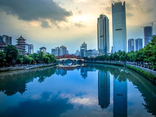 Chengdu skyline beside the Jin River in western China Chengdu skyline beside the Jin River in western China